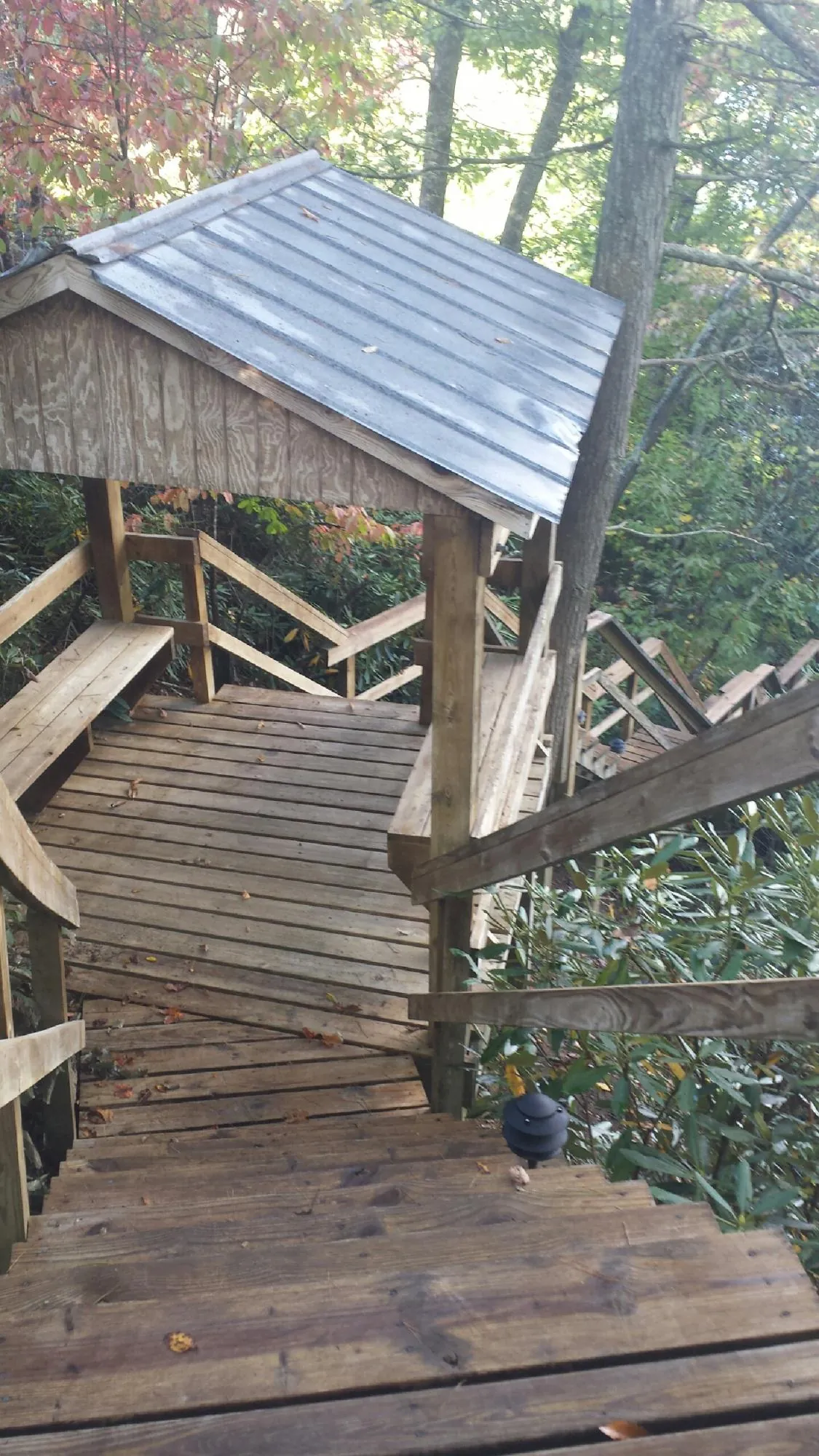 Metal roofed shelter over wooden steps on a wooded walkway — Skylight Repair & Installation work by our crew in Captiva